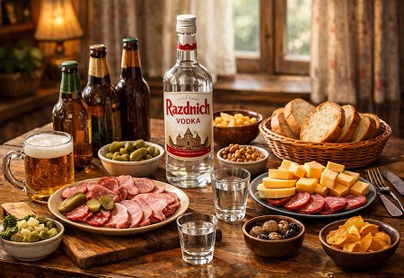 Стол наполнен алкоголем и закуской